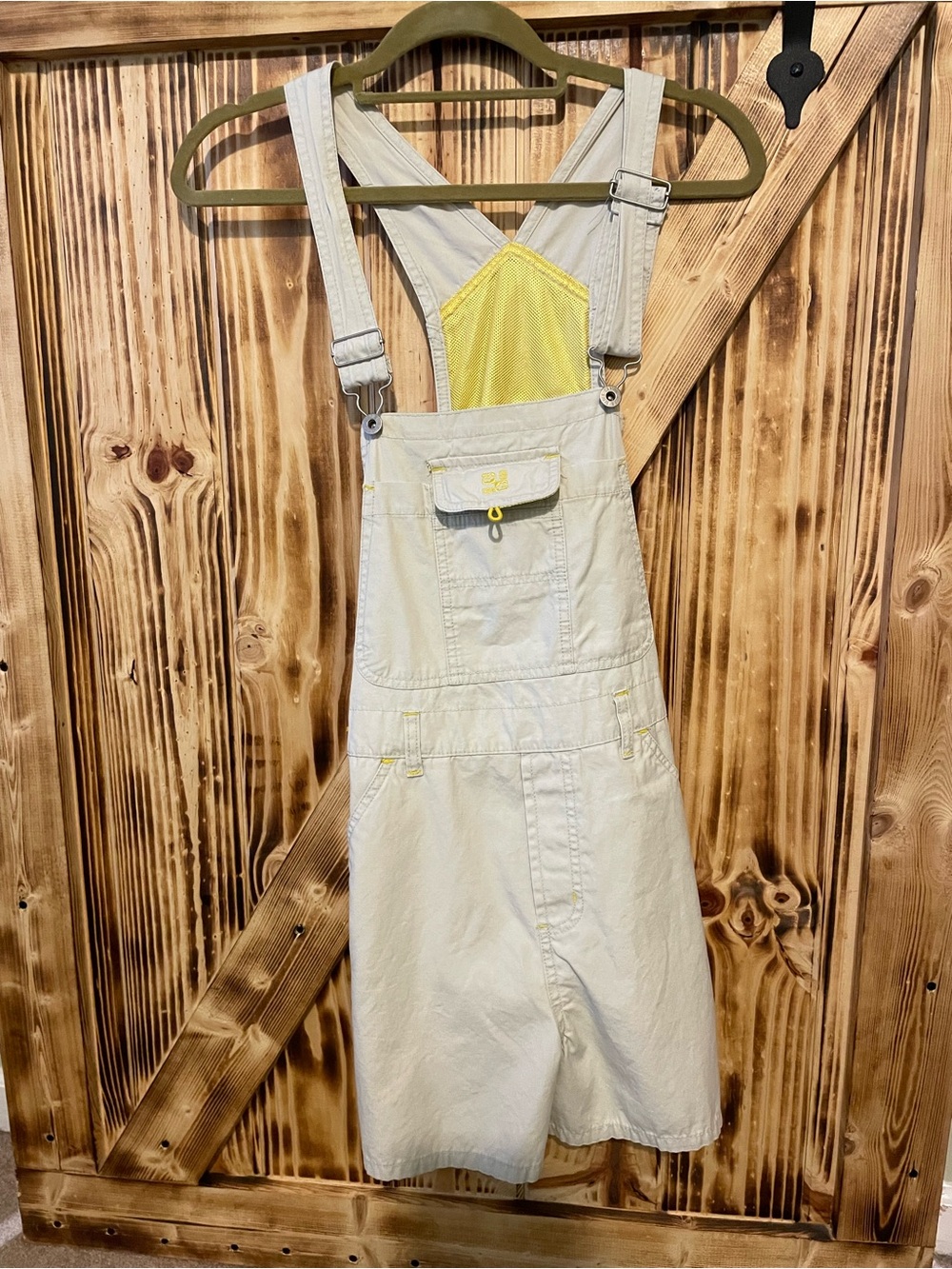 Canyon River Blues Cream Short Overalls with Yellow Stitching Accent